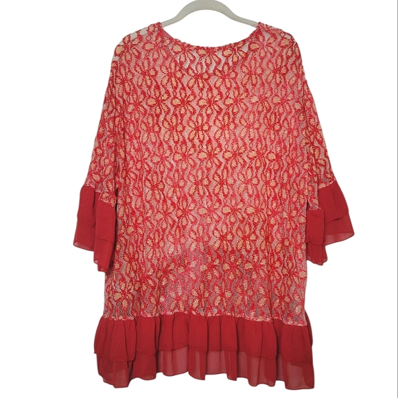 NWT Umgee Semi Sheer Ruffle Trim Tunic Top Sparkly Floral Mesh Anthropologie LG - Picture 2 of 15